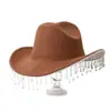Elegante sombrero de vaquero occidental de fieltro con flecos para hombre, sombrero de otoño de comercio exterior europeo y americano, fedora de ala ancha para mujer, sensación de alta gama