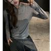 Camisa Básica Redonda de Outono e Inverno para Mulheres de Alta Qualidade em Tencel Lã Cor Pura T-shirt High-End Ombro Direito
