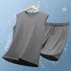 Terno de Seda de Gelo Masculino Verão Colete Shorts de Manga Curta Conjunto de Duas Peças Respirável Solto Esportivo Casual