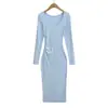 26101-26 Vestido otoñal de estilo coreano, corte ajustado, con escote limpio de corazón de melocotón, tirantes anchos, textura acanalada y mangas largas