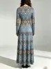 Vestido largo de corte A con estampado vintage, que ciñe la cintura y tiene mangas largas, adecuado para el uso diario, vacaciones y fiestas, vestido largo adelgazante