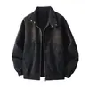 Chaqueta de Cuero PU Tie-dye Otoño Invierno Cuello Americano Stand Tres Pruebas Ropa de Cuero Holgada Versátil Abrigo