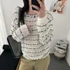 Suéter de Tricô Vazado Listrado Feminino 2026 Outono Novo Design Sense Solto Estilo Preguiçoso Tricô Fino Top Cardigan