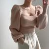 Suéter Retrô Elegante Gola Quadrada Manga Bufante Cor Sólida Outono e Inverno Quente Base Manga Longa Emagrecedor Cintura Cinza Tamanho Único
