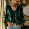 2026 Outono e Inverno Transfronteiriço Europeu e Americano Novo Camisa Feminina Versátil de Veludo com Gola V Plissada Solta Cor Sólida Manga Longa Amazon