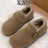 Sapatos Femininos de Camurça de Vaca com Cobertura Total Estilo Birkenstock, Sapatos Quentes de Algodão com Forro de Lã, Botas de Neve, Novos Mocassins Peludos Femininos de Calçar