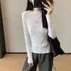 Estampa de Letra Simples~Algodão de Torção Forte de Alta Qualidade Sarja Elástica Manga Longa Cor Sólida Camiseta Base Feminina 26 Novo H091906