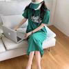 Vestido Camiseta de Manga Curta de Verão para Mulheres, Estilo Longo Acima do Joelho, Casual Elegante de Caimento Solto, Emagrecimento com Franzidos e Fenda, Vestido Preguiçoso da Moda