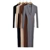 25 Novo Vestido de Malha Feminino para Primavera e Outono Estilo Europeu e Americano Gola V Manga Longa Slim Fit Emagrecedor Comprimento Médio Base Quadril Saia