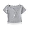 Estilo europeu e americano Design Sense Button Fake de duas peças de manga curta T-shirt feminina verão quente menina Slim-fit emagrecimento curto base top