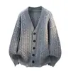 2026 Nuevo Cárdigan Chaqueta de Punto para Hombre con Cuello en V Retorcido, Espesor Estilo Universitario Ajuste Holgado Suéter Estilo Perezoso