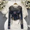 Camiseta de Manga Larga de Malla Fina con Estampado Tie-Dye, Cuello Redondo, Estilo Coreano, Nueva, Protección Solar, Top Corto con Cordón, Estilo Occidental