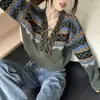 Tricô Crochet Estilo Étnico Retrô com Decote V e Cadarço para Mulheres Primavera & Outono 2025 Novo Design Solto de Manga Longa