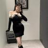 Vestido de malha estilo Hong Kong, socialite da moda, gola única, outono, slim fit, saia interna de fundo doce, saia curta que cobre o quadril para mulheres