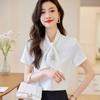 Nueva Camisa de Verano Blanca con Cinta para Mujer Camisa de Satén y Gasa Nudo Drapeado Profesional para Viajeras Camisa de Manga Corta para Mujer