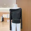 Toma real: Elegante top de punto con cuello de lazo y hombros descubiertos estilo francés para mujer, top casual y relajado de manga larga para otoño