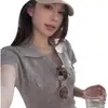Top de punto de lino con cuello retro, corte ajustado, para mujer, de verano, casual, adelgazante, versátil, en color gris lino, de la fábrica original