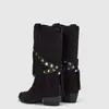 Botas western cowboy Melard retrô com franjas para mulheres, bico fino, salto grosso, botas da moda, uso bidirecional destacável, botas de rebite de cano médio