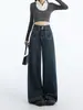 Jeans anchos vintage azul oscuro para mujer, nuevo modelo 2026, de tiro alto, corte holgado, con caída, pantalones rectos talla grande para mujeres petite