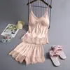 Pijama Emocional Feminino Roupa de Casa Conjunto de Duas Peças com Bojo Nova Alça de Renda Cetim Conjunto de Casa de Duas Peças