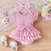 Ropa para Bebés Niñas 0-2 Años Conjunto de 3 Piezas para Bebé Niña Verano Manga Corta Mameluco de Triángulo + Shorts + Diadema