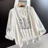 2026 Novo Verão Seda de Amora Estilo Chinês Gola Alta Gola de Renda Camiseta de Seda Top Curto Blusa Atacado H09AT6615