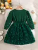 Vestido Princesa de Manga Longa Pérola Verde Escuro Outono/Inverno 2026 para Meninas Vestido Moderno com Laço de Rede Rosa Puff