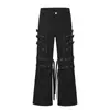 K5670 calle principal estilo americano unisex calle subcultura callejera diseño con cordones vibra jeans para hombre oscuros microacampanados