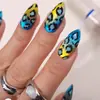 Unhas Vestíveis com Estampa de Leopardo Cat-Eye Degradê Azul e Amarelo Doce Cool Menina Picante Manicure Longa Amêndoa Y2K Personalizadas Prontas Unhas Postiças