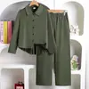 Moda Nova Primavera 2026 Camisa Solta de Manga Longa com Costas Plissadas Conjunto Casual de Calças Elásticas de Perna Larga Roupa Infantil
