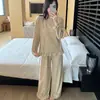 Conjunto de pijama de otoño para mujer, de punto liso con detalles de encaje en patchwork, cuello redondo, manga larga y pantalón largo, hecho de algodón colorido, en un estilo casual y relajado, perfecto para estar en casa.