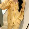 Novo Conjunto de Pijama Duas Peças Cardigan Listrado com Gola Redonda para Meninas, Primavera e Outono, Roupa de Casa Fofa de Aluno Estrela