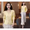 Conjunto de Verano para Mujer Estilo Chino Nuevo Hecho a Medida: Camisa Elegante y de Moda de Manga Larga con Cuello en V y Pantalones de Pierna Ancha