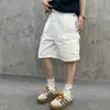 Shorts Cargo Branco Original Lavagem Pesada Solto Jeans com Manchas de Tinta Junta de Bambu Bolso Grande Comprimento até o Joelho Unissex