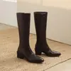 Botas Altas Versátiles Cuadradas con Cremallera Lateral para Otoño e Invierno Comercio Exterior Transfronterizo Tacón Grueso Negras Adelgazantes de Cuero Genuino Botas de Monta para Mujer