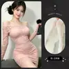 Lemon Story Lencería Sexy Vestido Sexy de un Hombro Femenino Ajustado Manga Larga Encaje Falda de Cadera