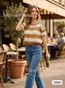26 Suéter de Tricô Listrado Vazado Moda Casual Feminina Primavera Novo Peça de Exterior Top de Comprimento Médio