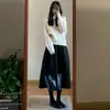 Saia Midi de Lã Retrô Feminina Emagrecedora Outono Inverno Petite Lã Comprimento Médio Linha A Evasê Saia Botão de Flor