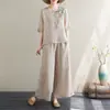 Traje Retro Estampado de Algodón y Lino para Mujer Verano Pulóver Manga Corta Ligero Pantalones de Pierna Ancha Top Adelgazante y Pantalones Traje de Dos Piezas