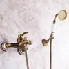Traje de ducha retro simple estilo europeo de cobre antiguo, grifo de agua caliente y fría, boquilla de mano triple montada en la pared de la bañera