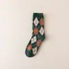 Meias de Lã de Coelho Outono e Inverno Xadrez em Forma de Diamante com Linha de Cor Contrastante estilo Ins Meias Retro da Faculdade Britânica de Comprimento Médio do Tornozelo Café Quente Espessadas