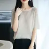 Elegante tejido de mezcla de lino y tencel nueva prenda de abrigo color liso jersey cuello redondo acanalado top de punto de manga corta para mujer