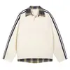 Moletom Camisa Polo Patchwork Falso Duas Peças Estilo Americano Acu Roupas Masculinas para Homens, Outono e Primavera Gola V Listrado Xadrez Estilo Universitário Manga Longa Camiseta.