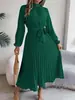 Amazon Cross-border Primavera e Outono Nova Roupa Feminina Cor Sólida Gola Alta Manga Longa Cintura Marcada com Franzido Vestido Elegante