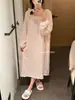 Primavera, verão, outono, doce e elegante, vestido de casa de algodão Tencel com caimento para todas as estações para mulheres, camisola doce de renda de manga comprida de comprimento médio com elástico de cabelo