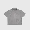 Camisa Assimétrica de Dois Botões, Manga Curta Listrada Romana Estilo Italiano Cleanfit, Vibe Relaxada de Férias, Múltiplos Estilos de Gola para Alternar