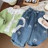 Calças Jeans para Meninas, Calças de Pierna Reta e Larga para Outono, Calças para Crianças com Bordado, Calças Longas Estilo Primavera e Outono para Crianças com Bordado de Flores