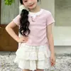 Conjunto de Ropa Coreana para Niñas con Bloques de Color, Nueva Moda de Verano para Niños Mayores, Elegante Conjunto de Top y Falda Falso de Dos Piezas