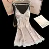 Bata de Verano con Tirantes de Mariposa Hielo Seda Sexy Nuevo Encaje Pijamas Almohadillas en el Pecho Dulce Ropa para el Hogar Elástico Seda Lino Algodón