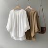 Camisa Blanca de Cuello Redondo para Mujer Otoño Nuevo Estilo Coreano Simple Diseño Suelto Sentido Manga Linterna Blusa 80226